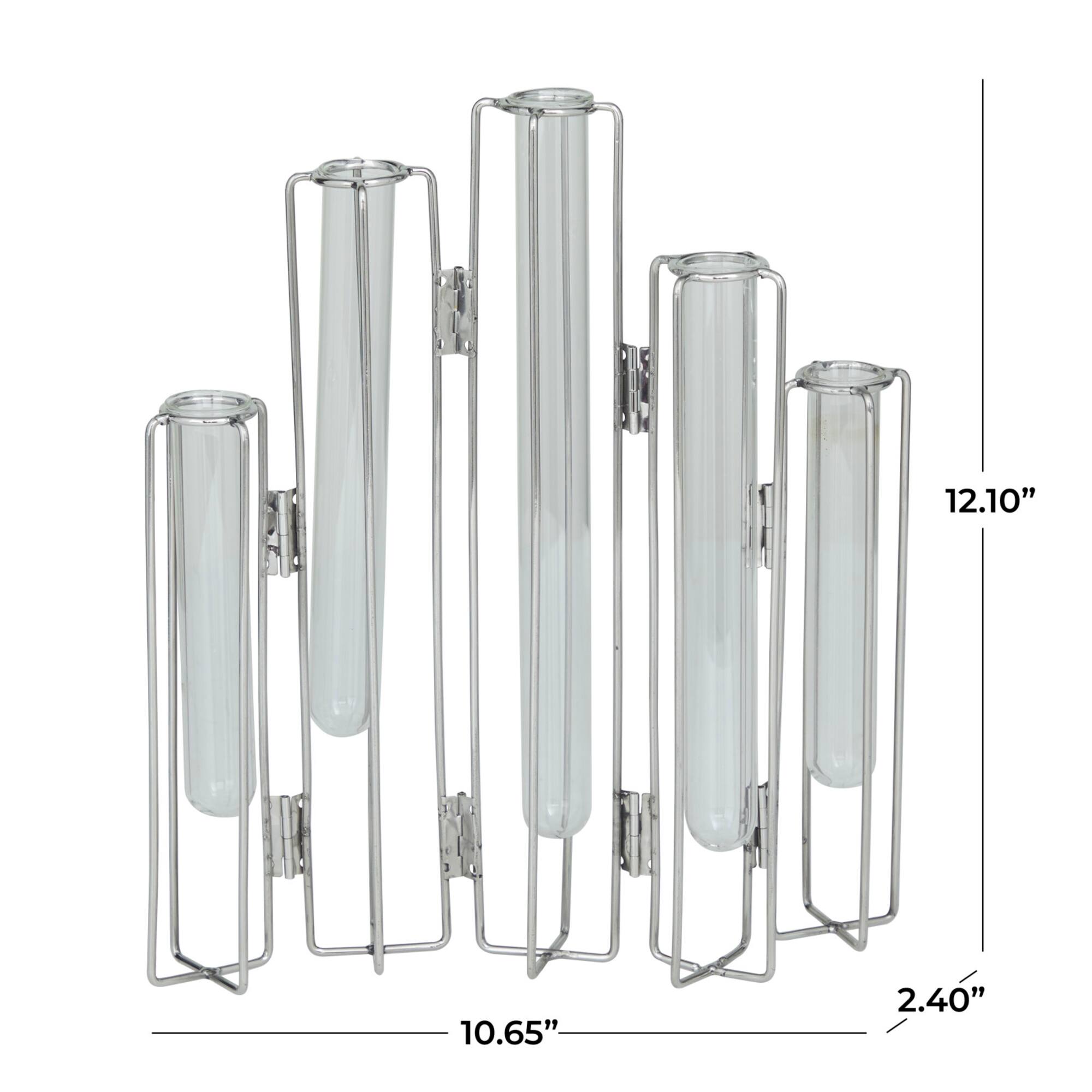 Silver Glass Tube Vase with Metal Stand 11" x 2" x 12"